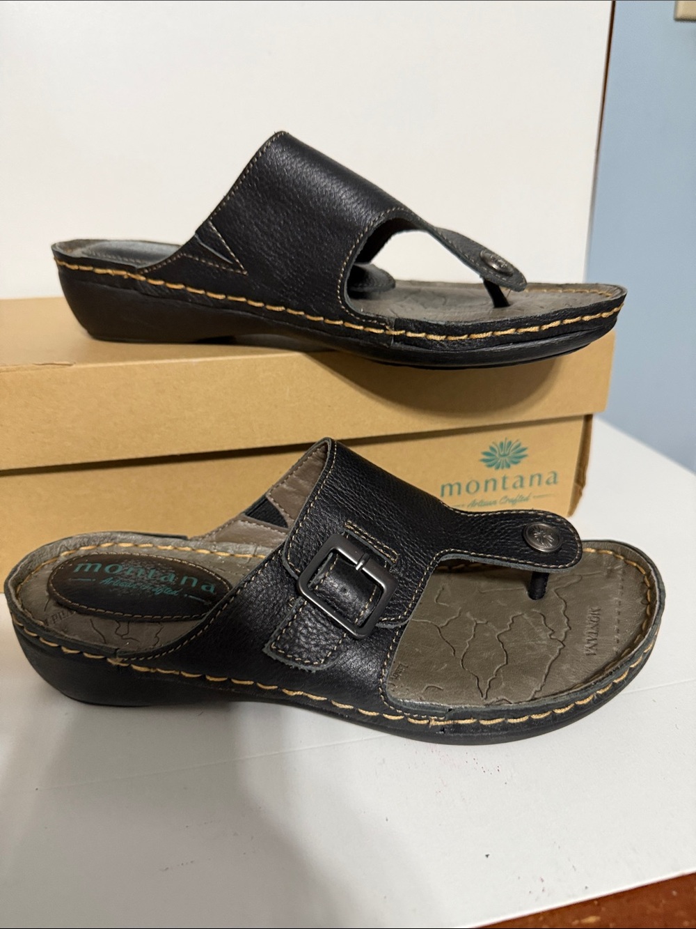 Montana West Black Leather Buckle Thong Sandals